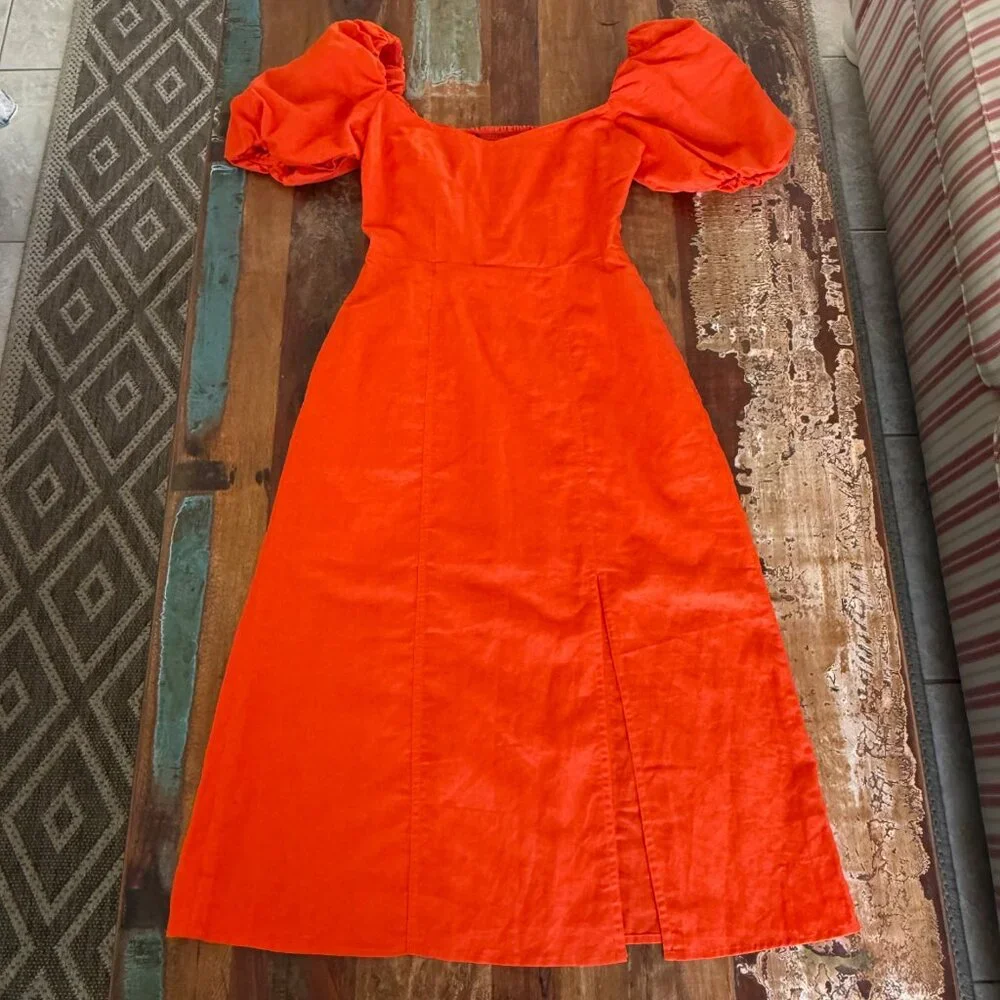 NWOT Banana Republic Orange Linen Blend Puffy Sleeve Side Slit Dress Size 2 - Picture 9 of 14